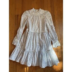 Tish Cox Dress Womens XXS White Blue Floral Ruffle Neck Long Sleeve Tiered Boho